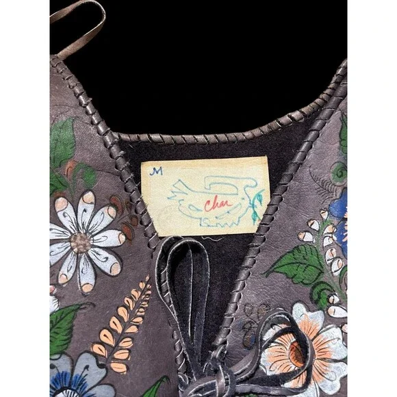 Vtg 70s Char Vest Duster Jacket Hand painted Floral Flower Boho Hippie Hippy - Picture 14 of 16